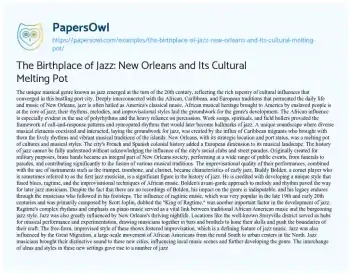 Essay on The Birthplace of Jazz: New Orleans and its Cultural Melting Pot