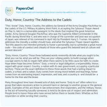 Essay on Duty, Honor, Country: the Address to the Cadets