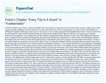 Essay on Foster’s Chapter “Every Trip is a Quest” in “Frankenstein”