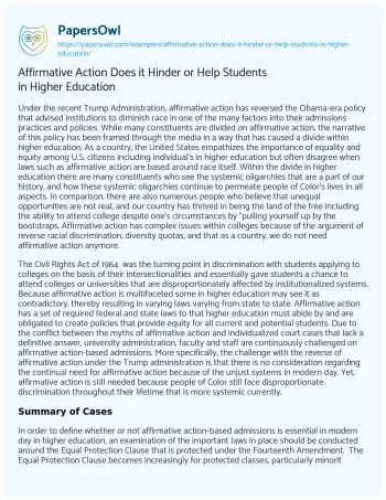 Essay on Affirmative Action does it Hinder or Help Students in Higher Education