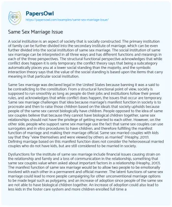 Essay on Same Sex Marriage Issue