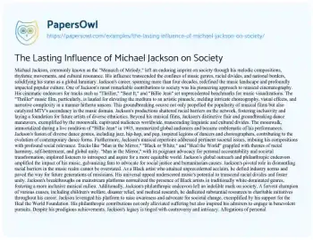 Essay on The Lasting Influence of Michael Jackson on Society