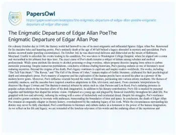 Essay on The Enigmatic Departure of Edgar Allan PoeThe Enigmatic Departure of Edgar Allan Poe