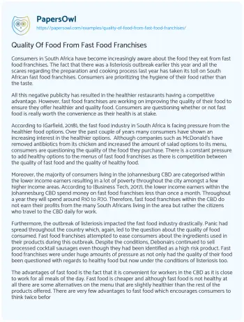 Essay on Quality of Food from Fast Food Franchises