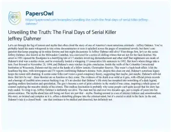 Essay on Unveiling the Truth: the Final Days of Serial Killer Jeffrey Dahmer