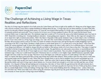 Essay on The Challenge of Achieving a Living Wage in Texas: Realities and Reflections