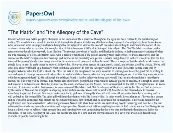 Essay on “The Matrix” and “the Allegory of the Cave”