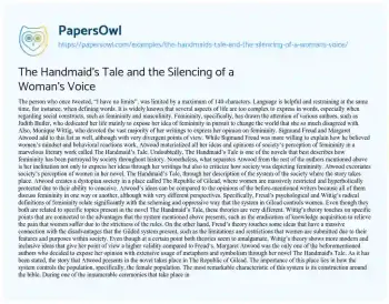 Essay on The Handmaid’s Tale and the Silencing of a Woman’s Voice