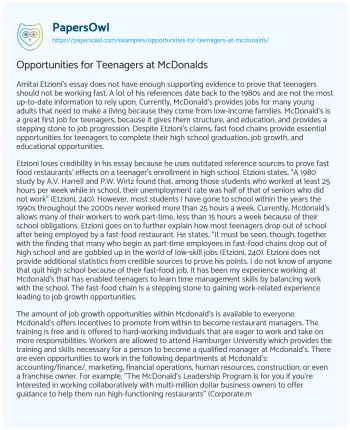 Essay on Opportunities for Teenagers at McDonalds