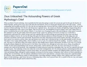 Essay on Zeus Unleashed: the Astounding Powers of Greek Mythology’s Chief