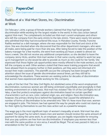 Essay on Radtka Et Al V. Wal-Mart Stores, Inc.: Discrimination at Work