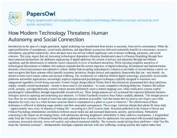 Essay on How Modern Technology Threatens Human Autonomy and Social Connection