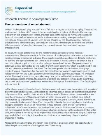 Essay on Research Theatre in Shakespeare’s Time