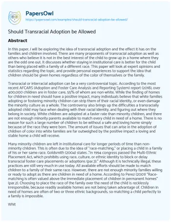 Essay on Should Transracial Adoption be Allowed