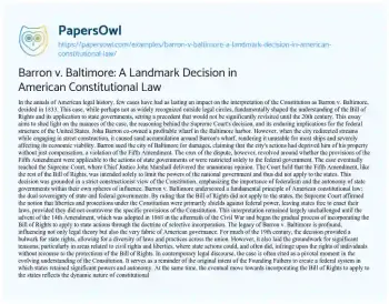 Essay on Barron V. Baltimore: a Landmark Decision in American Constitutional Law