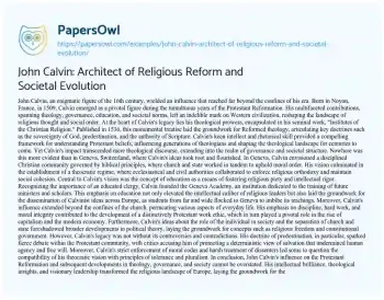 Essay on John Calvin: Architect of Religious Reform and Societal Evolution