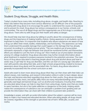 Essay on Student: Drug Abuse, Struggle, and Health Risks.