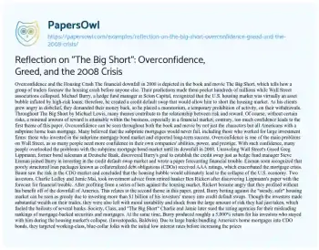 Essay on Reflection on “The Big Short”: Overconfidence, Greed, and the 2008 Crisis