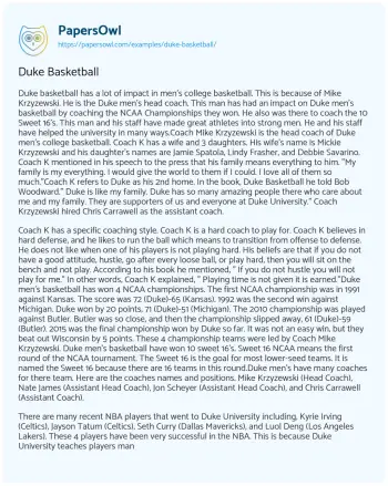 Essay on Duke Basketball