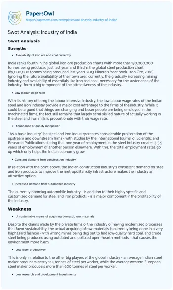 Essay on Swot Analysis: Industry of India