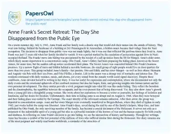 Essay on Anne Frank’s Secret Retreat: the Day she Disappeared from the Public Eye