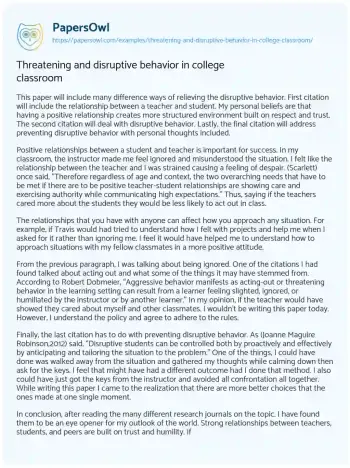 Essay on Threatening and Disruptive Behavior in College Classroom