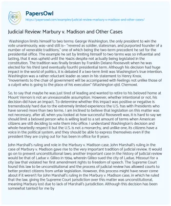 Essay on Judicial Review: Marbury V. Madison and other Cases