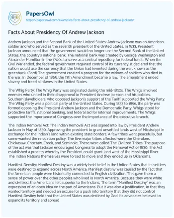 Essay on Facts about Presidency of Andrew Jackson