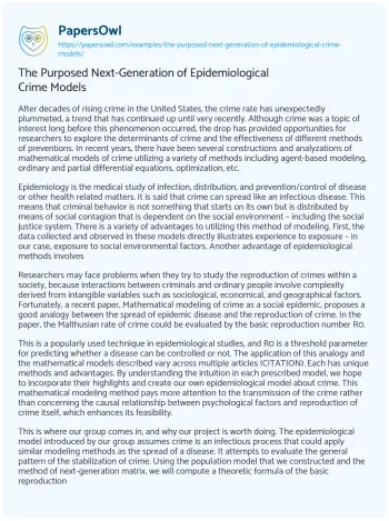 Essay on The Purposed Next-Generation of Epidemiological Crime Models