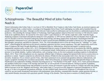 Essay on Schizophrenia – the Beautiful Mind of John Forbes Nash Jr.