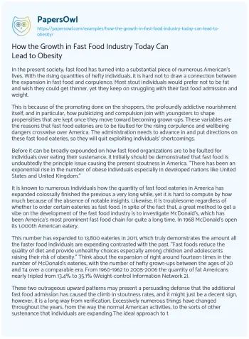 Essay on How the Growth in Fast Food Industry Today Can Lead to Obesity