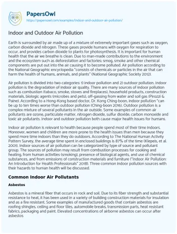 Essay on Indoor and Outdoor Air Pollution