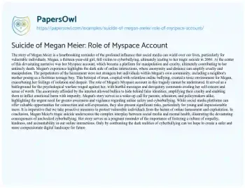 Essay on Suicide of Megan Meier: Role of Myspace Account