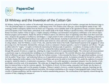 Essay on Eli Whitney and the Invention of the Cotton Gin