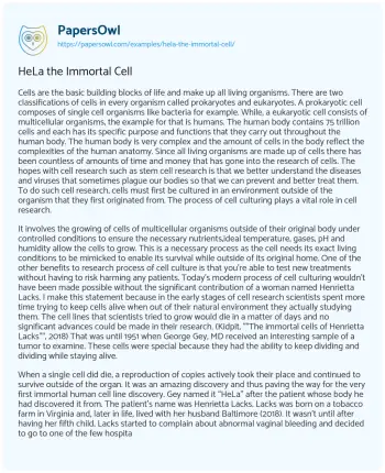 Essay on HeLa the Immortal Cell