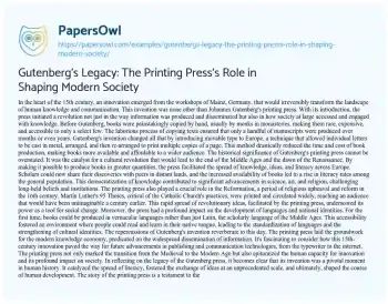 Essay on Gutenberg’s Legacy: the Printing Press’s Role in Shaping Modern Society