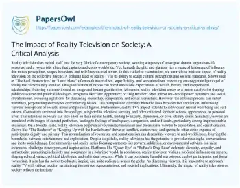 Essay on The Impact of Reality Television on Society: a Critical Analysis