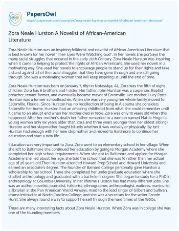 Essay on Zora Neale Hurston a Novelist of African-American Literature