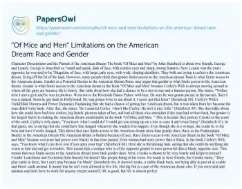 Essay on “Of Mice and Men” Limitations on the American Dream: Race and Gender