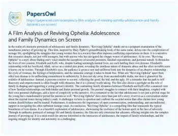 Essay on A Film Analysis of Reviving Ophelia: Adolescence and Family Dynamics on Screen