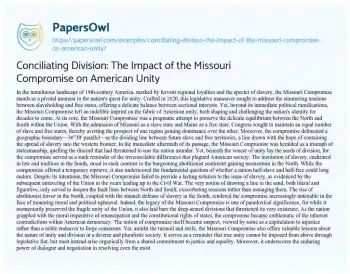 Essay on Conciliating Division: the Impact of the Missouri Compromise on American Unity