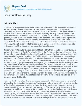 Essay on Ripen our Darkness Essay