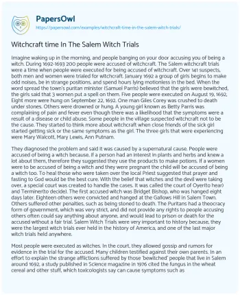 Essay on Witchcraft Time in the Salem Witch Trials