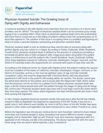 Essay on Physician Assisted Suicide: the Growing Issue of Dying with Dignity and Euthanasia