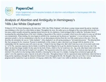 Essay on Analysis of Abortion and Ambiguity in Hemingway’s ‘Hills Like White Elephants’