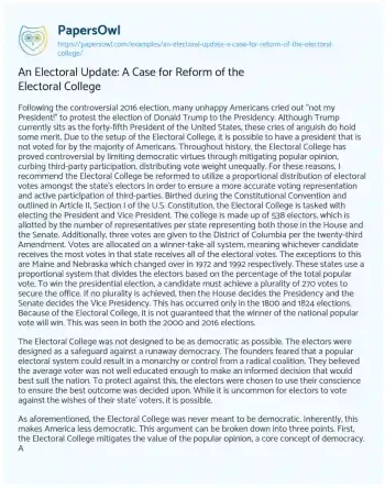 Essay on An Electoral Update: a Case for Reform of the Electoral College