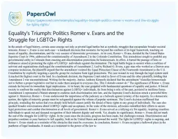 Essay on Equality’s Triumph: Politics Romer V. Evans and the Struggle for LGBTQ+ Rights