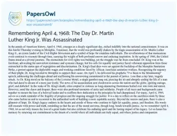 Essay on Remembering April 4, 1968: the Day Dr. Martin Luther King Jr. was Assassinated