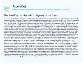 Essay on The Final Days of Marco Polo: Mystery of his Death