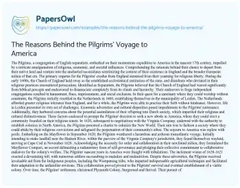 Essay on The Reasons Behind the Pilgrims’ Voyage to America